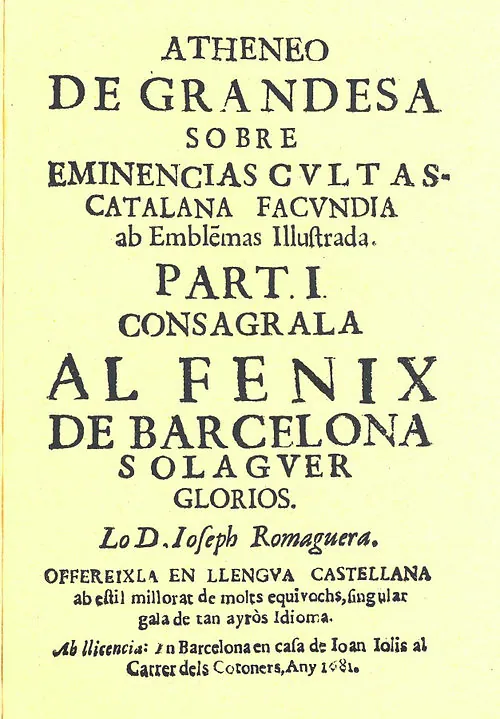 Facsímil de la pàgina del títol del llibre de Josep Romaguera "Atheneo de Grandesa", 1681. CC domini públic.