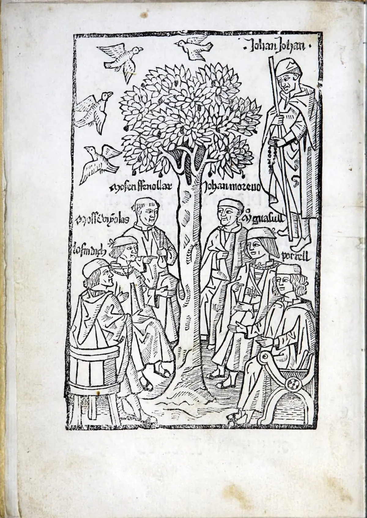 Gravat de Lo procés de les olives, on hi apareix, entre altres, Narcís Vinyoles, 1497. Roderic/Universitat de València.